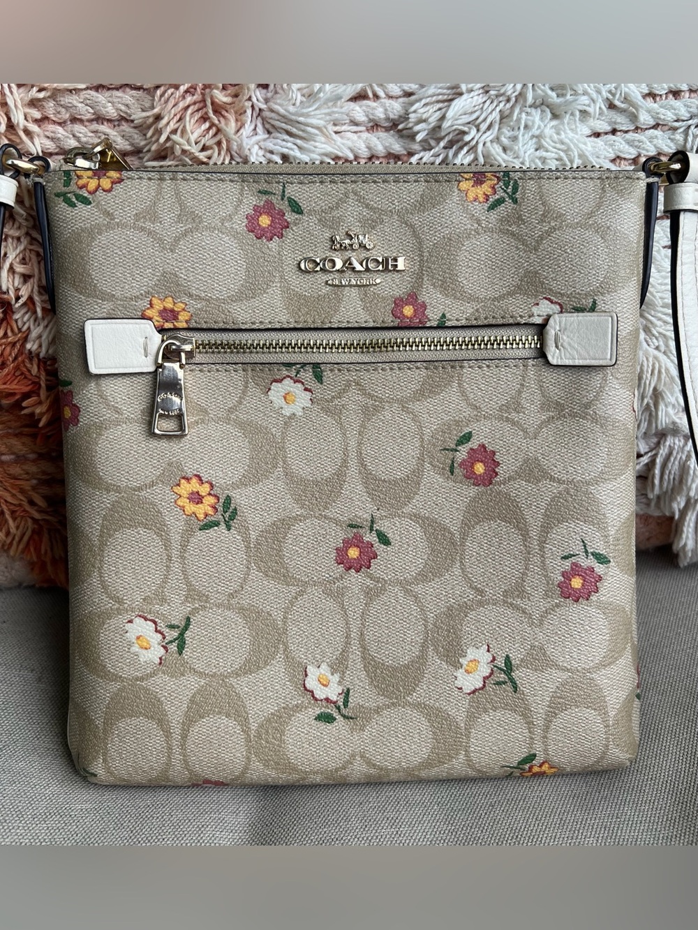 Coach Beige Signature Floral Crossbody with Pink and Yellow Flowers
